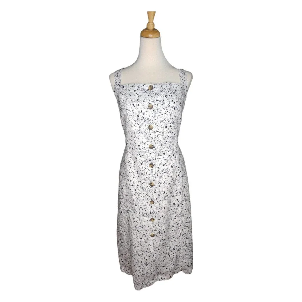 Gap White Grey Black Floral Linen Bib Front Button Down Dress w Pockets 16 Tall - Picture 2 of 9